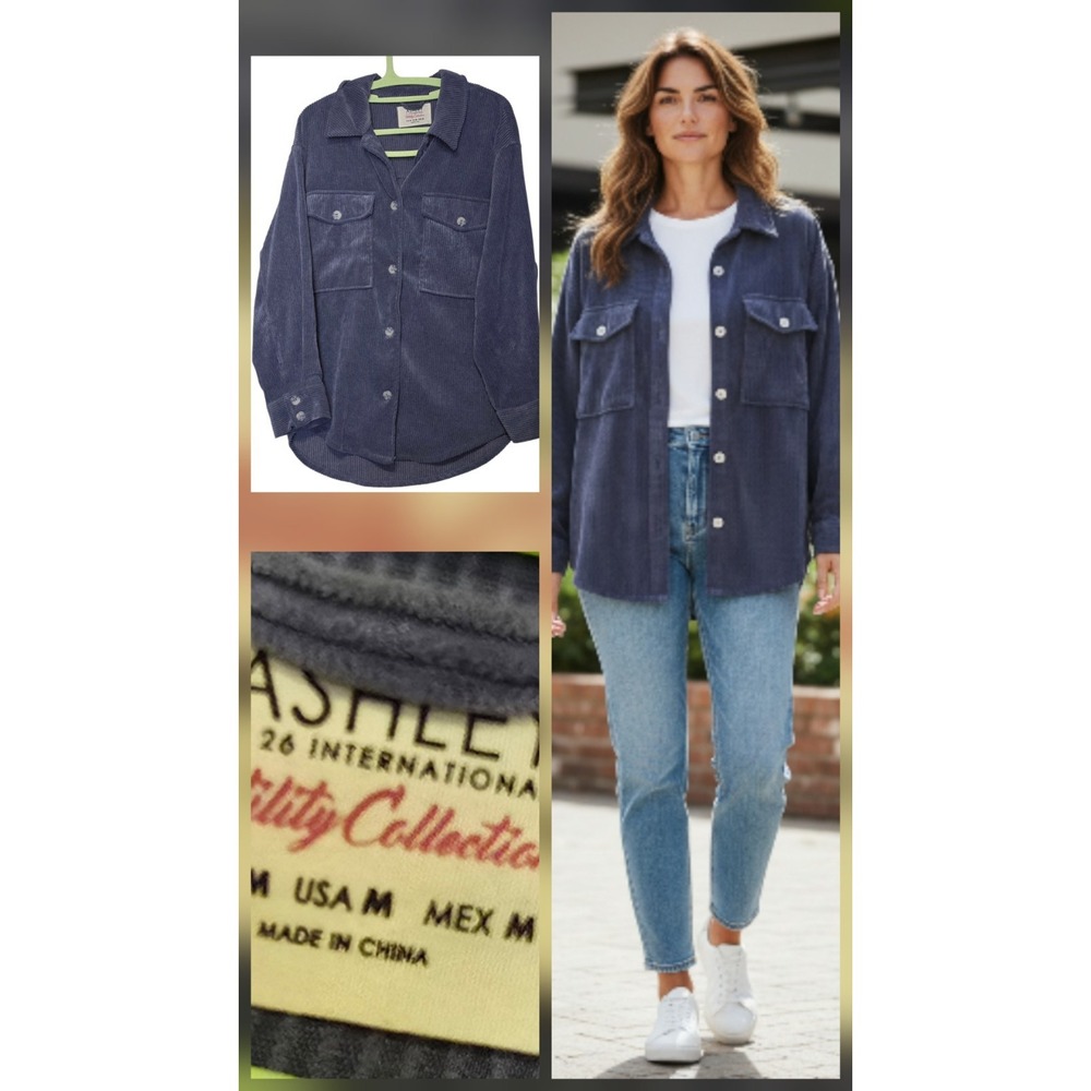 ASHLEY Utility Collection Corduroy‎ Jacket Womens Med Slate Blue Oversized 43x27
